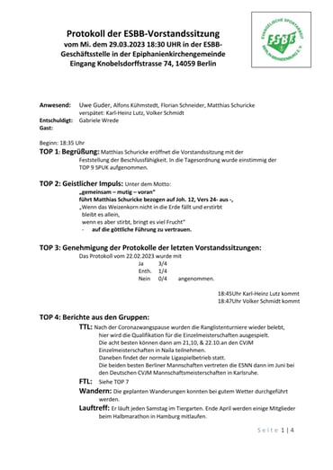 Vorstandssitzung vom 29.3.23